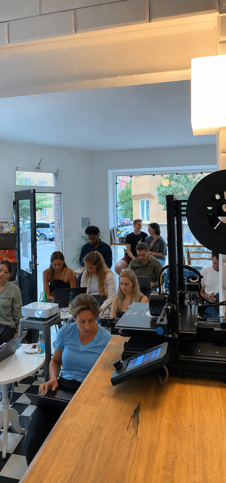 Workshop participants seated around tables with laptops while a 3D printer sits in the foreground of a bright studio.